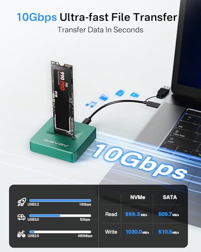 Image of ACASIS NVME to USB Docking Station, Aluminium Alloy Housing Fast Heat Dissipation, M.2 to USB Adapter 10Gbps, NVME SSD Reader Adapter Support M.2 (M Key) NVMe SSD and (B+M Key) (Green)