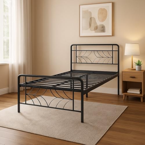 Image of Vara Metal Extra Single Size Bed Without Storage | Wrought Iron Cot with Headboard & Footboard| Sturdy Powder Coated Platform Bed Extra Single Size Cot for Bedroom (Vara Black)