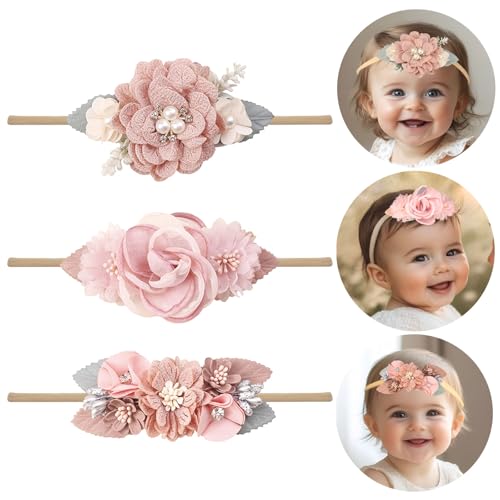 Kenjudess Baby Girl Floral Headbands Set 3pcs Elastic Nylon Flower Hairbands Fabric Leaves Head Wrap for Newborn Toddler Infant Hair Accessories (Dusky Pink, Standard Small)