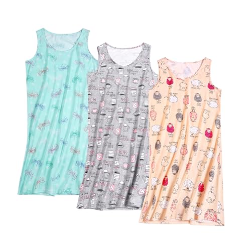 3 Pack Cotton Nightgowns for Women Casual Print Sleepwear Sleeveless Sleepdress S-XXXL