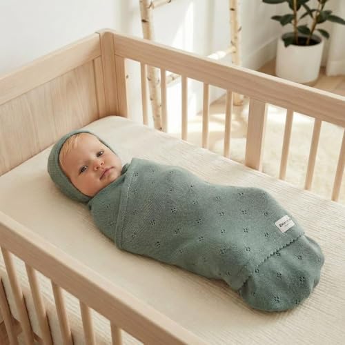Image of 100% Luxury Organic Cotton Pointelle Knit Baby Quilt Blanket - Refined Lightweight Heirloom Nursery Essential (Pointelle - Forest Green)