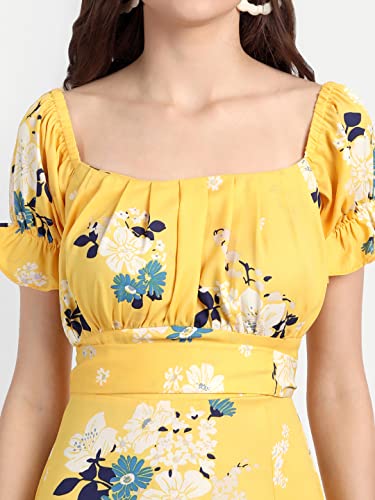 Image of Yellow Floral Print Ruched Bust Midi Dress