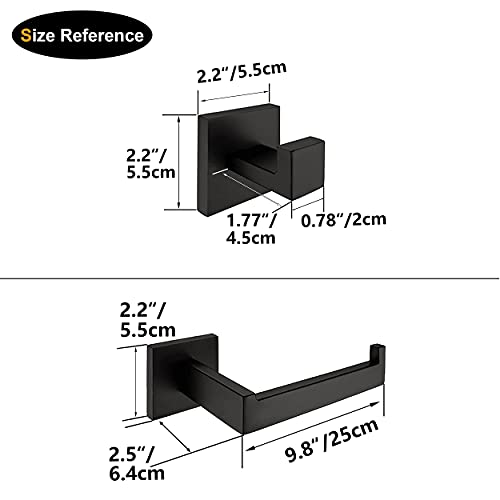 Matte Black Bathroom Hardware Set 3 Pieces Sus304 Stainless Steel Square Wall Mounted Including Toilet Paper Holder, Robe Towel Hooks,Bathroom Accessories Kit #TOP6