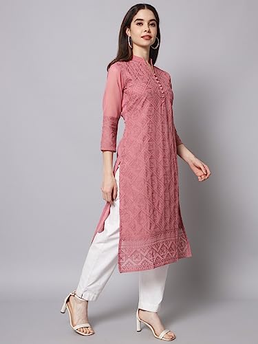 Image of Ekasya Women's Georgette Embroidered Work Kurta with Notch Neck 3 /4 Sleeves Straight Cut Calf Length | E1547