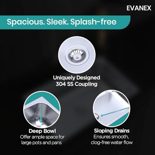 Image of EVANEX Kitchen Sink 18x16x8 Inch Hydraulic Sink Single Bowl 304 Stainless Steel Sinks for Kitchen Basin | Glossy Finish Indian Kitchen Sink Including Coupling, Waste Pipe | Kitchen Sinks