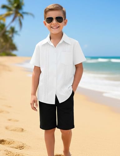 Image of Boys Guayabera Shirt Short Sleeve Button Down Casual Linen Shirt with Pockets for Summer Hawaiian Holiday 4-13Y