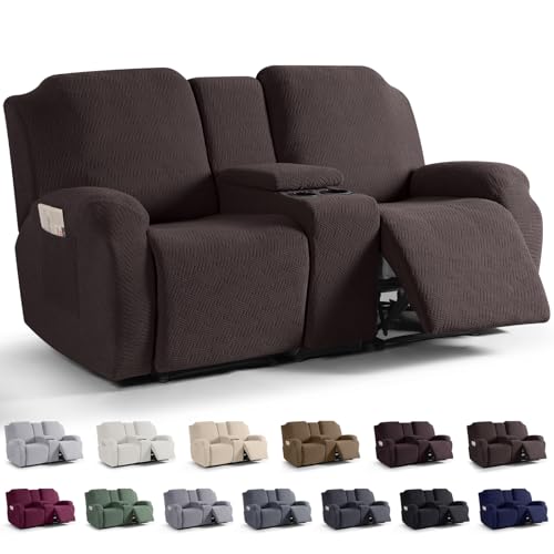 KinCam Loveseat Recliner Covers with Middle Console Slipcover, Recliner Sofa Covers 2 Seat Couch Cover Stripe Jacquard Furniture Protector Covers with Elastic Bottom for Kids, Pets(Chocolate)