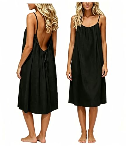JHTK Backless Cami Dress for Women Backless Dress Lounge Dress House driftline Summer Flowy Sundress Open Back Beach Dress (US Alpha Large Regular Regular Black)