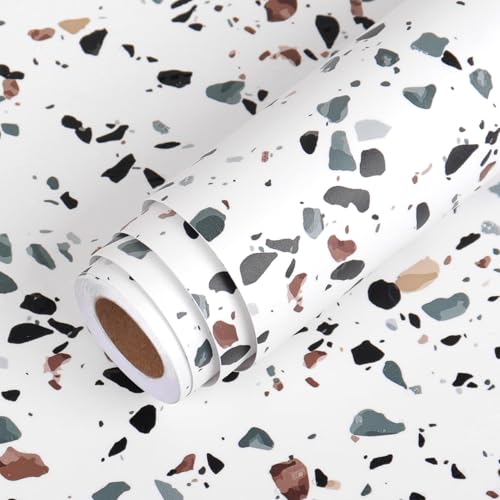 LACHEERY Papier Adhesif pour Meuble Effet Pierre Terrazzo Blanc Plan de Travail 40cm x 200cm Granit Film Adhesif pour Meuble Cuisine Vinyle Rouleau Autocollant...