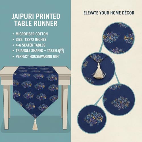 Image of COZY FURNISH Floral Printed Microfiber Cotton Table Runner for 6 Seater Dining Table & Runner with Tassels - 13x72 Inches Decorative Home Kitchen Table Linen
