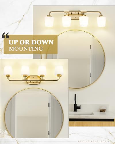 Image of Bathroom Light Fixtures Over Mirror, 4-Light Brushed Gold Vanity Lighting Fixtures with Milk White Glass, Farmhouse Champagne Bronze Wall Sconces Lighting, AD-22004-4W-GD