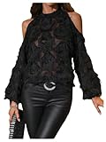 SHENHE Women's Cold Shoulder Tops Feather Fringe Halter Top Sexy Sheer Long Sleeve Shirts Black Large