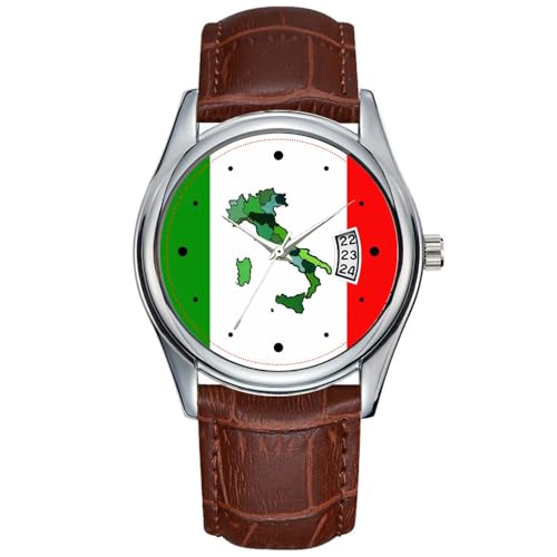 Montre à quartz pour homme - Style décontracté - Étanche - Date - Classique - En cuir marron - Montre de Noël - Carte de l'Italie et drapeau italien,...