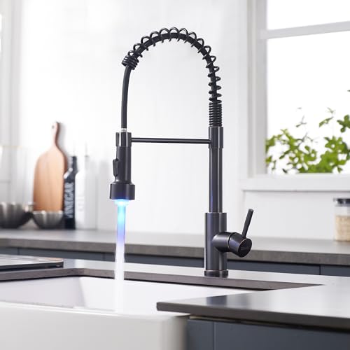 Image of GIMILI Oil Rubbed Bronze Kitchen Faucet with Pull Down Sprayer Single Hole LED Sink Faucet, Suitable for Farmhouses, RV, Laundry Room, Outdoor, and Campers. Llave para fregadero de cocina