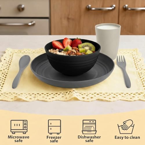 Image of 20 PCS Wheat Straw Plates and Bowls Sets,Kids Dishes Dinnerware Sets for 4,Unbreakable Kitchen Plates and Bowls Set for Travel Dishwasher & Microwave Safe Lightweight Dishes Set - BlackGrey