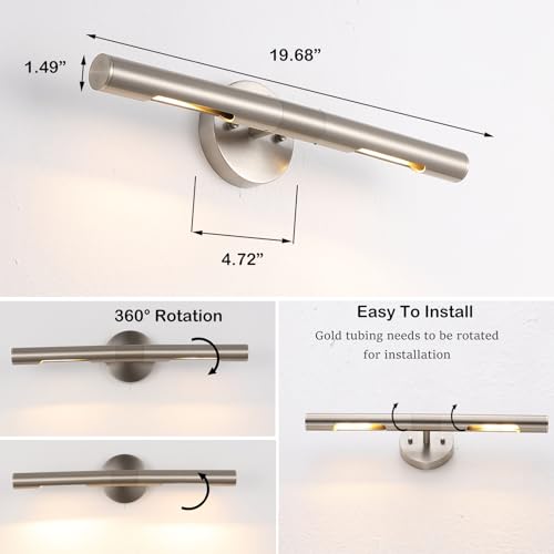 Image of Brushed Nickel Picture Light 19 inches Modern Wall Sconce with Cylinder Metal Shades Rotatable 360Indoor Wall Lighting Fixture Bathroom Vanity Light Bedroom Living Room