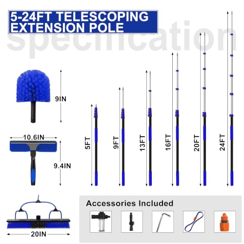 Image of Buyplus 30FT Reach Solar Panel Cleaning Brush Kit with 5-24FT Telescoping Pole, Water Fed Window Cleaner Tool with 20 inch Brush, Soap Dispenser, Cobweb Duster, Squeegee for Roof, RV, Gutter, Deck,Blue