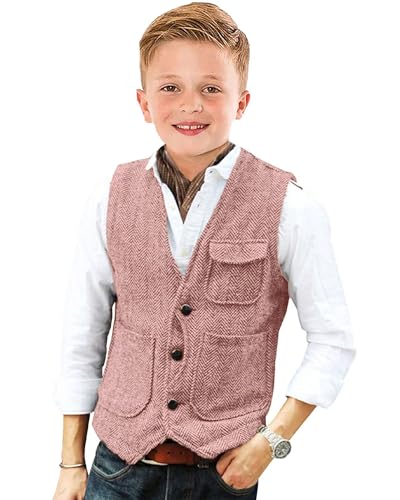 Image of Retro Boys Tweed Vest for Kids Formal Dress Herringbone Suit Vest for Toddler Boy Wedding Waistcoat