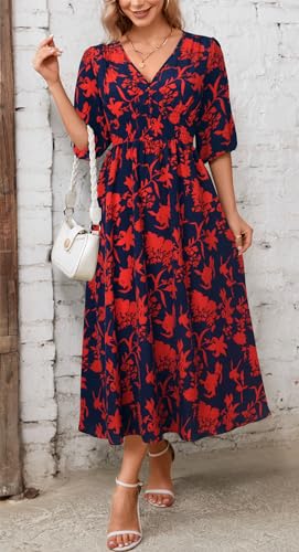 Image of Kormei Women Casual Boho V Neck 3 /4 Sleeve Smocked Waist A Line Flowy Swing Midi Dress Smocked Long Dress