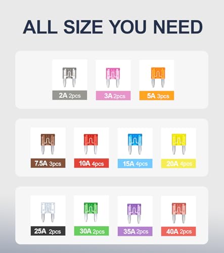 JOREST 30pcs Mini Flat Fuse,Car Fuse,Car Fuse,For Car/Truck/Motorcycle (2A 3A 5A 7.5A 10A 15A 20A 25A 30A 35A 40A)