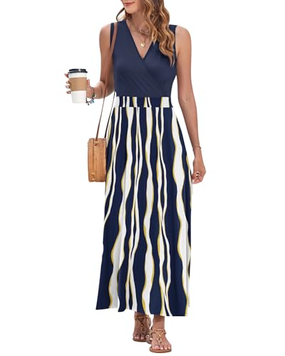 Image of AUSELILY Womens Maxi Dress Summer Sleeveless Wrap Long Dresses with Pockets | V-Neck Wrap Sleeveless Sundress, fits formal, casual, beach, vacation & daily wear
