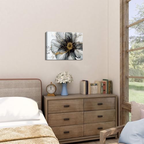 Image of Black and White Abstract Wall Art Flower Wall Decor for Bathroom Living Room, Modern Marble Picture Canvas Prints Painting Minimalist Watercolor Fluid Textured Poster Artwork Home Decorations 12x16 inch