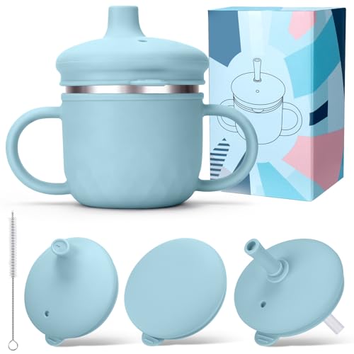BUSOHA Stainless Steel Toddler Sippy Cup 8oz Spill-Proof Straw Cup for 6+ Month Babies & Toddlers 3-in-1 Reusable Travel Cup with Brush Dishwasher Safe Kids Drinking Cup Blue