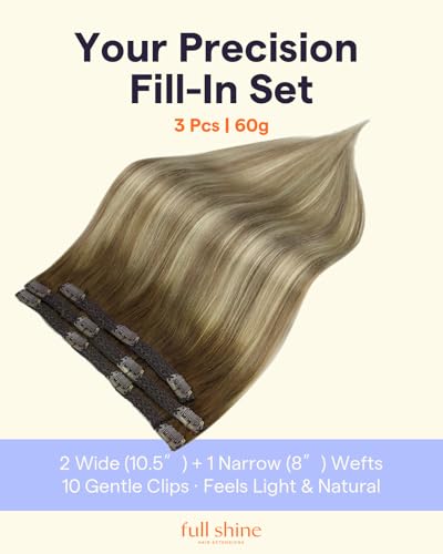 Image of Full Shine Ombre Clip in Hair Extensions Human Hair, 3 Pcs 60g 12 Inch | Short Clip in Extensions, Walnut Brown to Light Brown Mix Light Blonde, Straight Remy Hair Extensions, for Fine Hair