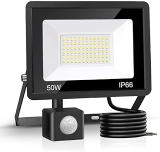 Jsdoin 50W Security Lights Outdoor Motion Sensor 4500 Lumen PIR Security Light 6500K LED Floodlights IP66 Waterproof Outside Daylight Wall Light with 2M Cable for Garage Garden Hallway Backyard