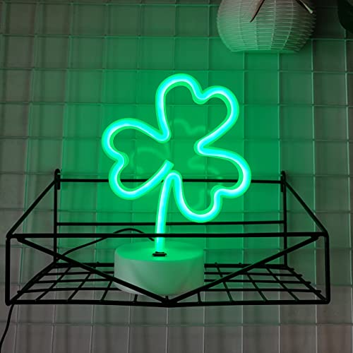 Image of JYWJ Neon Signs with Holder Base,USB or 3-AA Battery Powered Neon Light,LED Desktop Wall Decoration,Various Parties,Decoration of Business Premises(Clover)