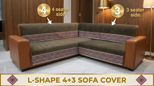 Image of KINGLY L-Shape Sofa Cover 7 Seater 4+3 Velvet Full Cover - Chocolate Brown | Fully covered quilted velvet slipcover, washable anti-slip furniture protector, L-type corner sofa cover for living room