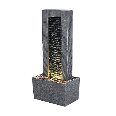 Teamson Home Demeter Waterfall Water Fountain with LED Lights and Pebble Stones for Patio Garden Backyard Decking Décor, 29.25 inch Tall, Gray