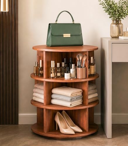 Image of 360 Rotating Multipurpose Storage Cabinet - Laminated Engineered Wood Organizer Rack | Space-Saving Rotating Shelf for Bedroom, Living Room, Dressing Area & Bathroom (Teak Brown, 3-Tier)