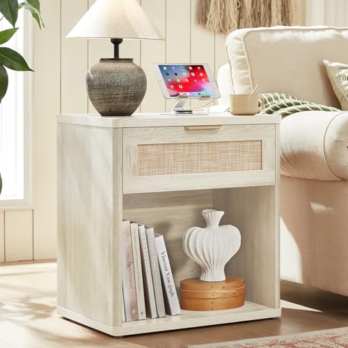 Image of LEYAOYAO Rattan Nightstand with Charging Station, Grey White Night Stand with Drawer, 23 inch Wide Boho Bedside Table with Storage Shelf, Bed Side End Tables for Bedroom, Living Room, Hallway