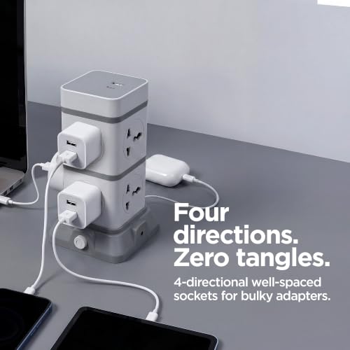 Image of Wipro North-West 8-Way Tower Extension Board with USB A & Type C | 8 Universal Socktes, 2500W Each | Surge Protector Spike Guard | 2m Durable Cord | Suitable with Mobiles, Appliances, etc | Pack of 1