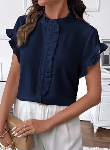 BLENCOT Women Peplum Tops Flutter Sleeve Stand Collared V Neck Button Down Blouse Ruffle Work Tops Business Casual Office Summer Outfits Large Dirty Blue — view 2