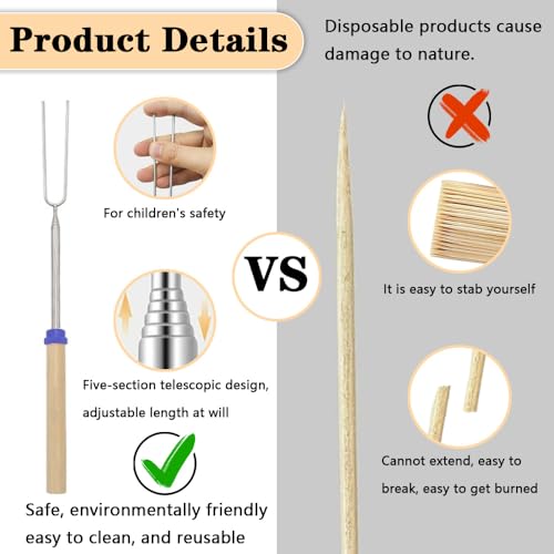 Marshmallow Toasting Forks 4 Pack, Extendable Stainless Steel & Wooden Handle - Retractable Smores Sticks for Garden Bonfire, Camping & BBQ, Hot Dog Roasting Sticks Kit - Image 6