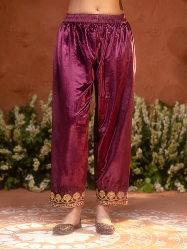 Image of FIORRA Women Wine Ice Velvet Embroidered Kurta Set with Dupatta
