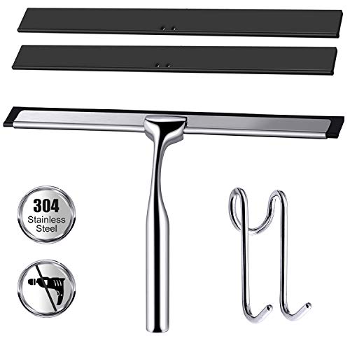 Kunmuzi Raclette de douche en acier inoxydable avec lèvre en caoutchouc, 1 lèvre de rechange et 1 crochet, sans perçage pour salle de bain, miroir, vitres de voiture