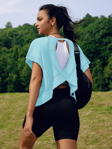 Image of SENSERISE Womens Open Back Workout Tops Backless Short Sleeve Athletic Shirt Running Crop Top Gym Yoga Tee