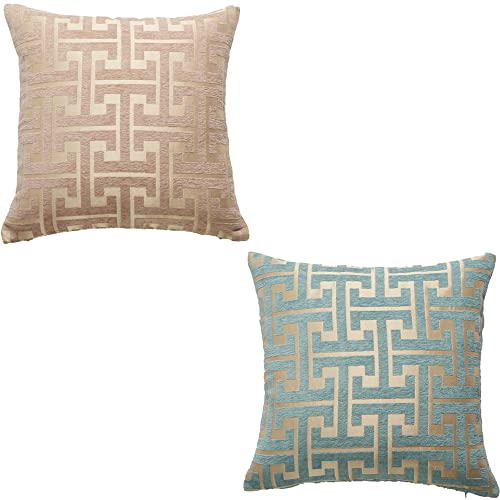 YunJeude クッションカバー 45×45cm シェニール生地 幾何学模様 柄 おしゃれ 柔らかい北欧 可愛い ピロケース 車 椅子 インテリア飾り 2枚セット (カーキ&ライトブルー, 45×45)