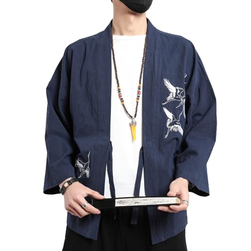 Image of Men's Japanese Kimono Cardigan Loose Cotton Linen 3 /4 Sleeve Open Front Casual Summer Shirt Jackets