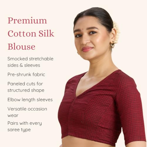 Image of Studio Shringaar Women Cotton Half Sleeve Madras Checks Saree Blouse with Stretchable Sides