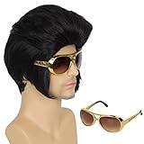 Koonfan Mens Male 50s 60s Rocker Style Wig Men's Short Black Costume Wig with Glasses