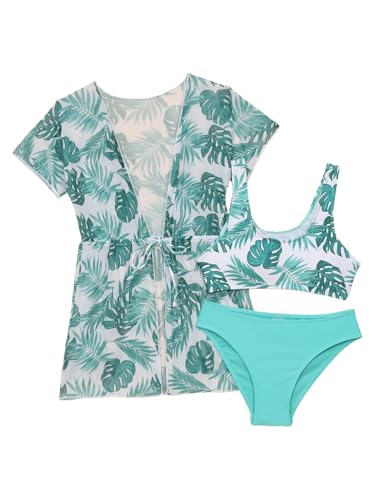 Girls 3 Pcs Swimwear Floral UPF 50+ Swim Kimono Wrap Bikini Crop Top with Brief Tankini Sets