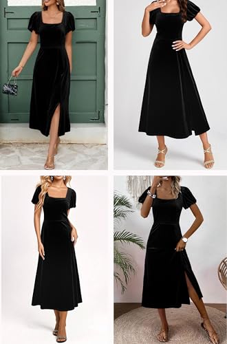 BLENCOT Women's Casual Fall Short Sleeve Square Neck Midi Dress Side Slit Velvet Wedding Guest Flowy Party Dresses2