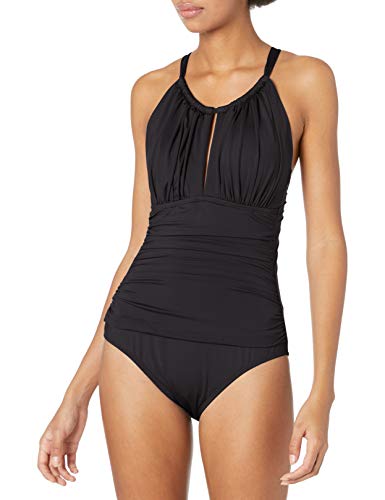Kenneth Cole New York Women's High Neck Keyhole Halter One Piece Swimsuit, Black//Core Power, S