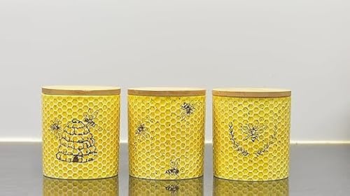 Image of Biznest Set Of 3 Ceramic Kitchen Canister Honeycomb Pattern Jar Wood Lid Airtight Seal Food Storage Bee Print Flour, Salt, Tea, Coffee, Sugar Container Countertop Organiser Decor 16 X 12 Cm (YELLOW)