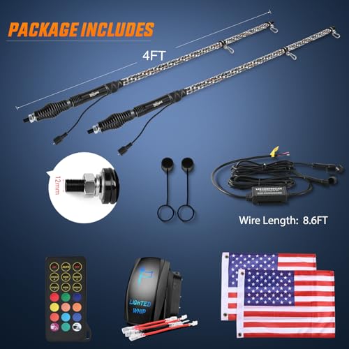 Image of Nilight - TL-27 2PCS 4FT Spiral RGB Led Whip Light with Spring Base Chasing Light RF Remote Control Lighted Antenna Whips for Can am ATV UTV RZR Polaris Dune Buggy Offroad Truck