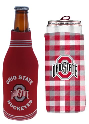 Kolder College Team Color Logo Can & Bottle Holder Insulator Beverage Cooler Set (Ohio State Crest/Plaid Slim (Buckeyes))